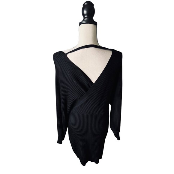 Love Tree Black Ribbed Knit Long Sleeve Mini Wrap Dress With Tie Waist & V-Neck - Picture 2 of 8